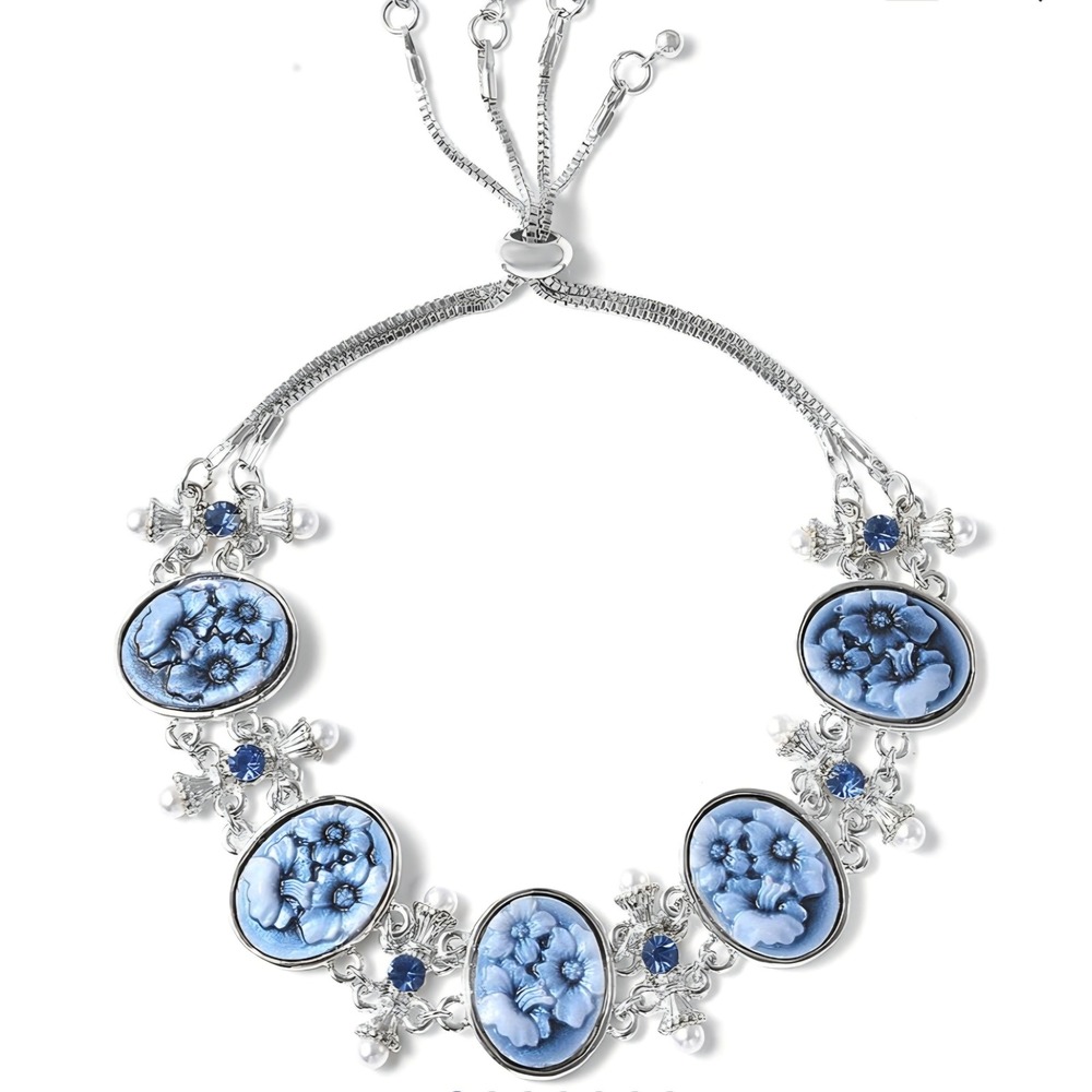 Blue Floral Cameo Bolo Bracelet Silvertone Adjustable Pearl Crystal Accents